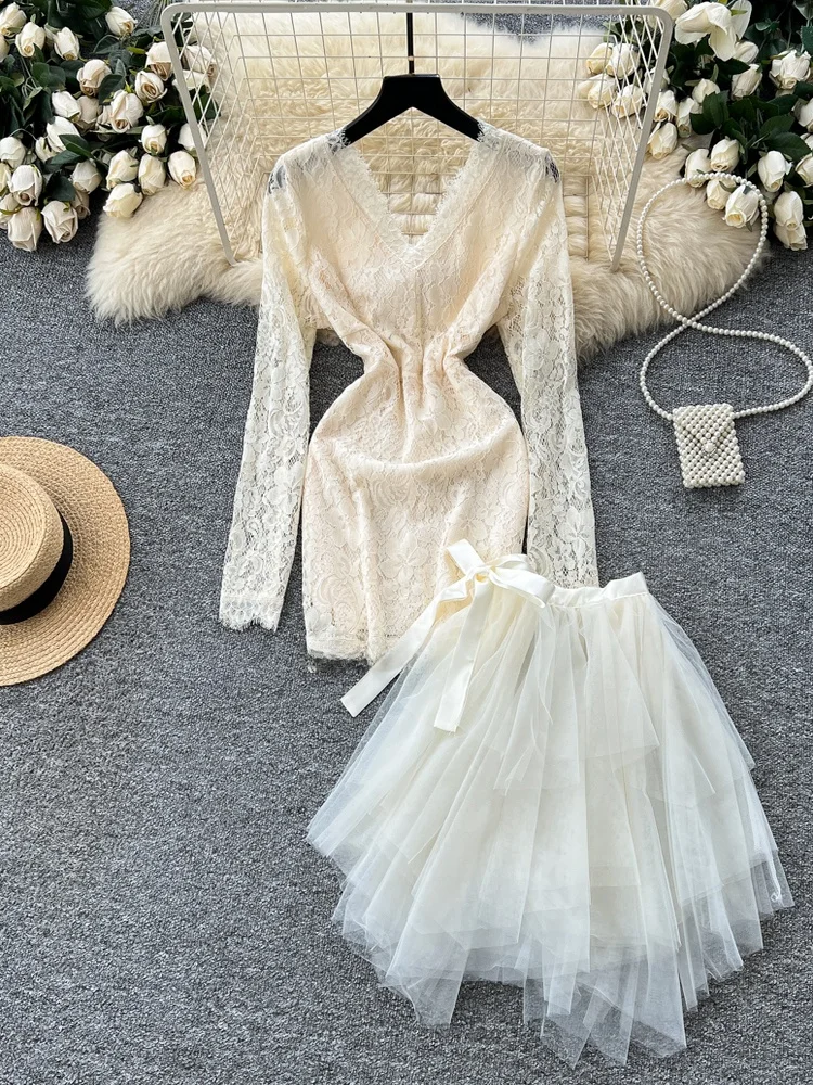 

Ele Fairy T Lace Long Sve V-Ne Slim Fit Dr с галстуком-бабочкой, комплект из тюлевой юбки, женская модная осенняя рабочая одежда