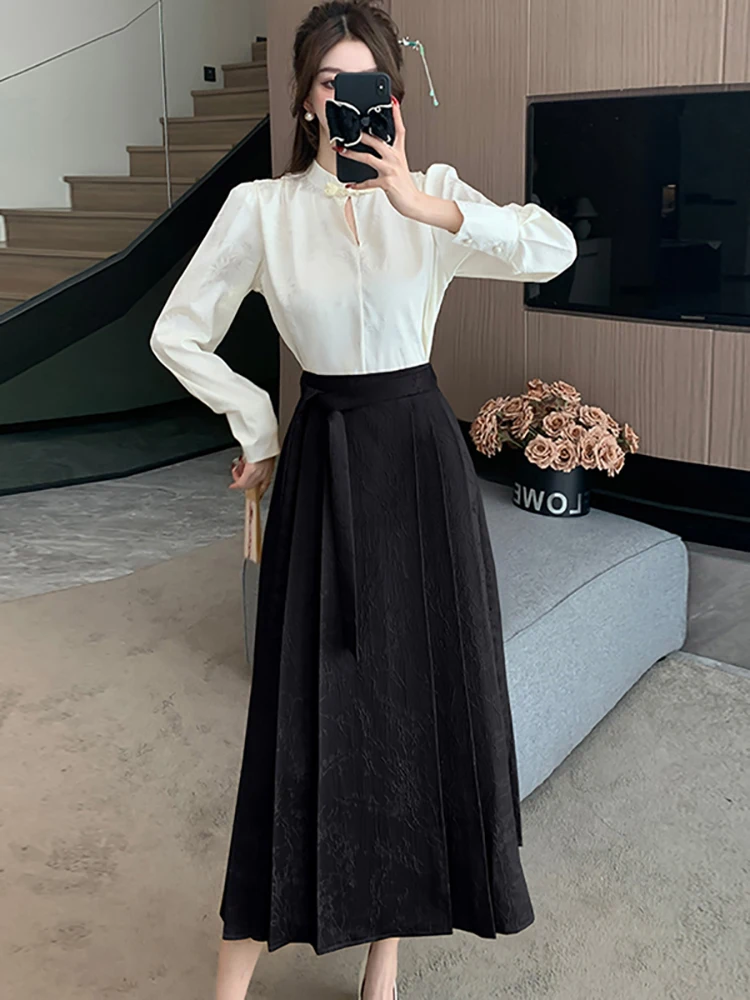 

2024 Korean Vintage Elegant Jacquard Luxury Dress Sets Women Spring Autumn White Long Sleeve Shirts+Black Half Lenth Skit Suits