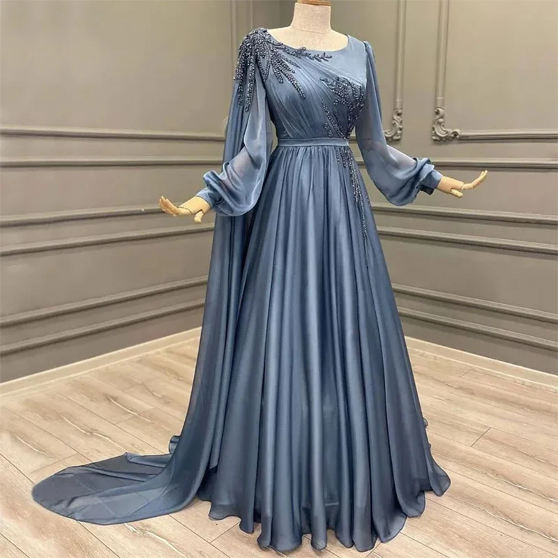 

Round Neck Long Sleeve Evening Dresses A-Line Applique Beaded Shawl Dubai Formal Prom Dresses Customized