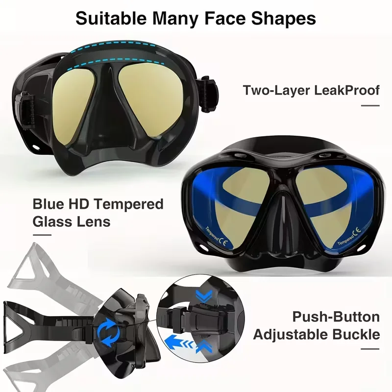 Professional Snorkel Set, Dry Snorkel with Anti-Fog HD Panoramic Scuba Dive Glasses Seal Tempered Mask Goggles Gear for Adults