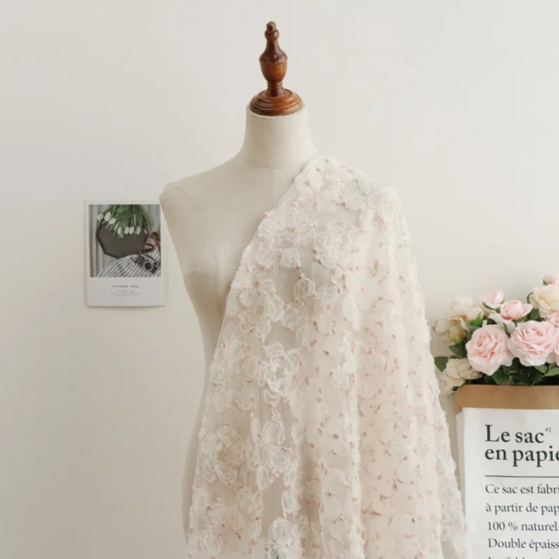 

Lace Floral Sequins Embroidered Tulle Fabric Pink Beige Dress Gown Women Clothes Soft Shiny Elegant Comfortable Fabric