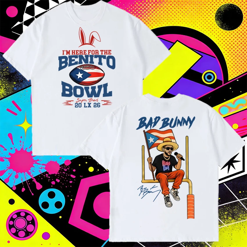 

2026 Rapper Bad Bunny I’m Here For The Benito Bowl Graphics print short sleeve T-shirt Unisex Oversized Tops Men Women T shirt