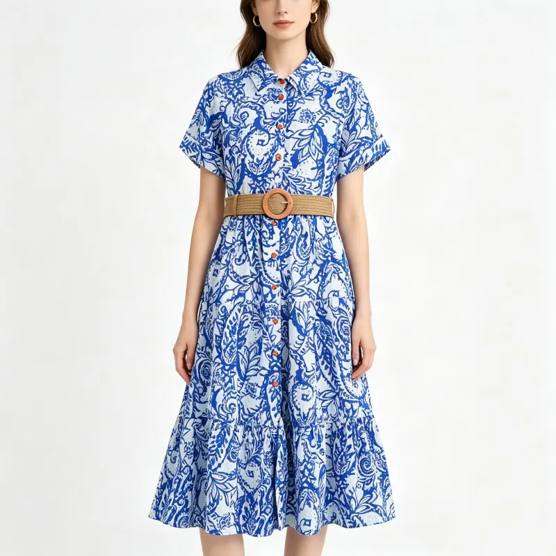 

Summer Women's Long Printed Dress 2026 Fashionable Short Sleeved Belt Vacation Beach Dresses A-line Dress