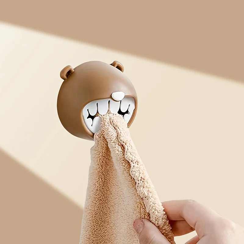 2PC Wall-Mounted Cartoon Bear Towel Hooks, No-Drill Kitchen Bathroom Towel Holders, Adhesive Washcloth Rack