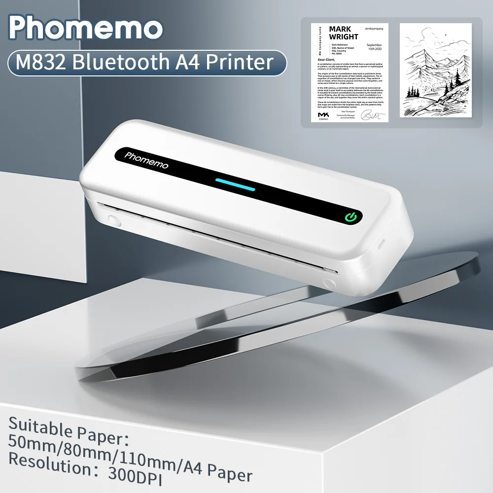 Phomemo M832 Portable Printer Wireless Travel Bluetooth Thermal Printer No Ink Printer Support A4 Letter Thermal Paper Phone PC