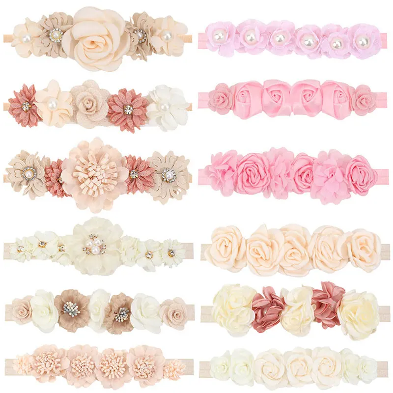 Cute Baby Girl Headband Elastic Flower Pearl Infants Hairband Nylon Hair Band Newborn Head Flower Toddler Headbands Headwear