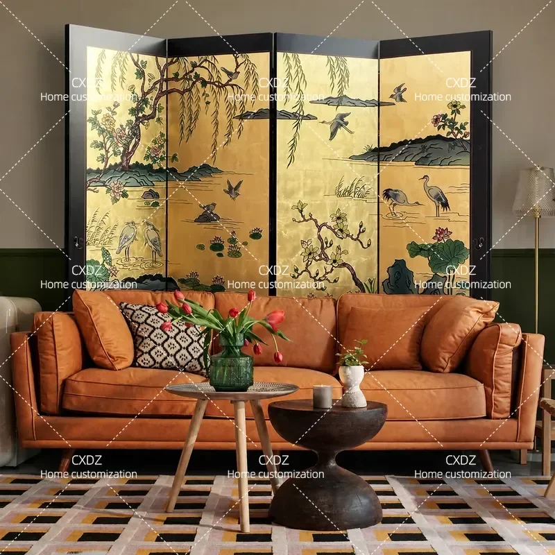 Modern Medieval Style Gold Foil Retro Folding Screen Room Divider for Living Room Bedroom Dining Room Entrance Portable