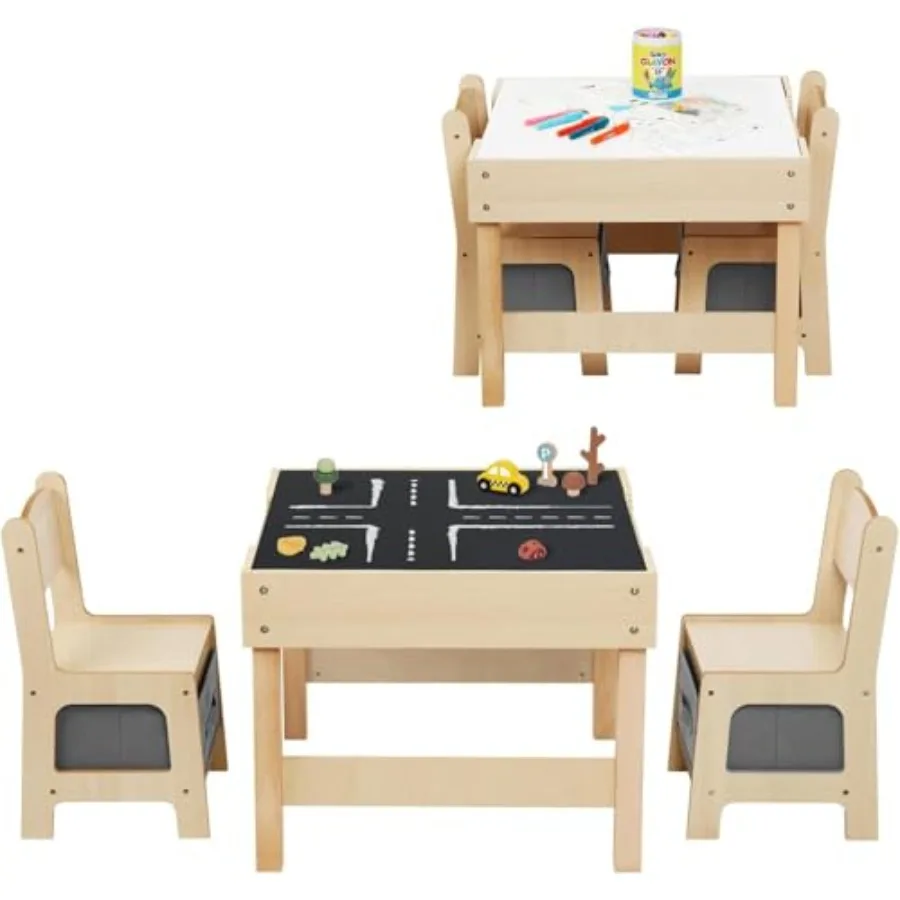 

3 in1 Table and Chairs Ages 3-7 Montessori Toddler Table and Chair Set with Versatile Tabletop and Storage Drawer Activity Desk