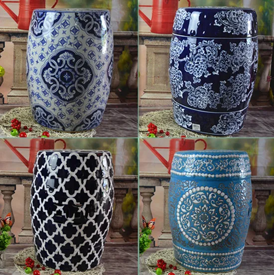 Chinese-style stool, blue and white porcelain striped ceramic drum stool, hollow-out shoe-changing stool, round stool, dressing