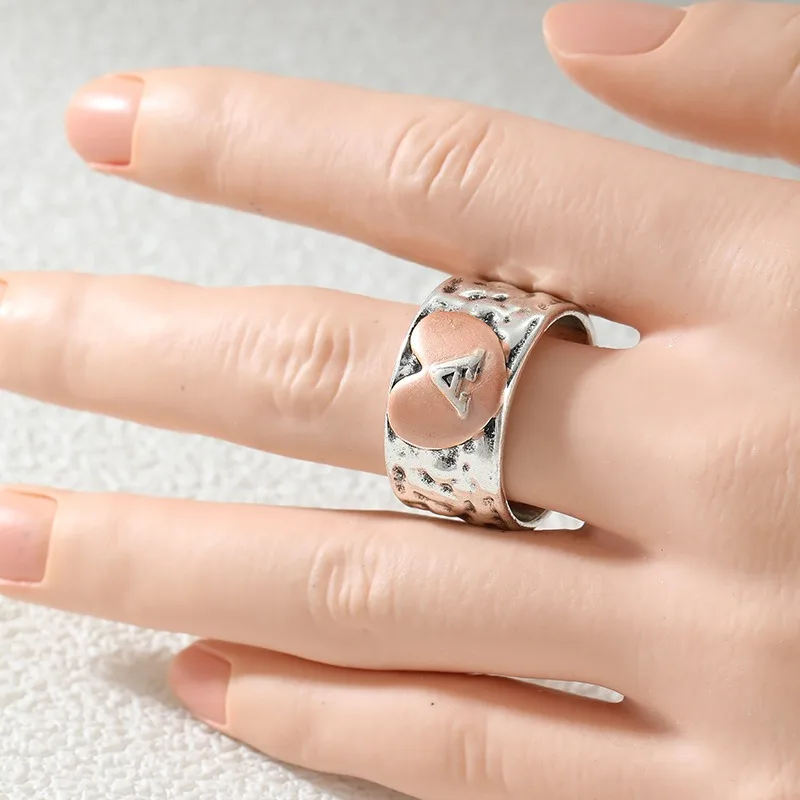 Vintage Hand Carved Geometry A Heart Women's Ring Two Color Metal Daily Wear Party Jewelry Anniversary Gift