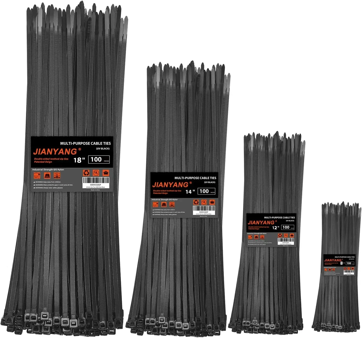

400 Pack Heavy Duty Zip Ties, Assorted Sizes 8-18 Inch, 100 Lbs Strength, Double Sided, UV Resistant Nylon