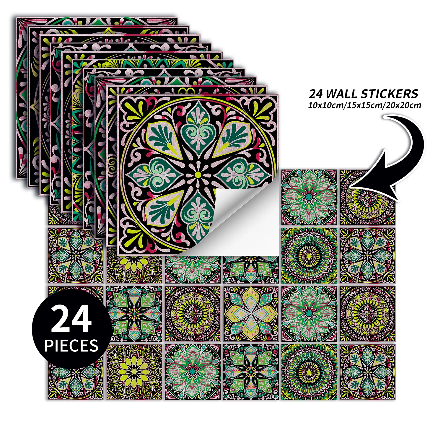 24 pcs/pack, Waterproof and Oil-proof, Easy To Clean, Floral Mandala Pattern Self-adhesive PVC Tile Stickers