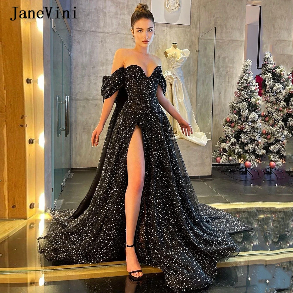 Janevini 2022 Sexy Zwarte Stippen Tulle Arabisch Lange Prom Jurken Met Grote Boog Terug Off Shoulder Hoge Split Dubai Avond partij Jassen