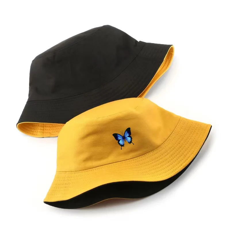 Hot Sale Blue Butterfly Harajuku Bucket Hat Casual Beach Sun Hat Unisex Ukraine National Emblem Gold Foldable Cotton Panama Hat