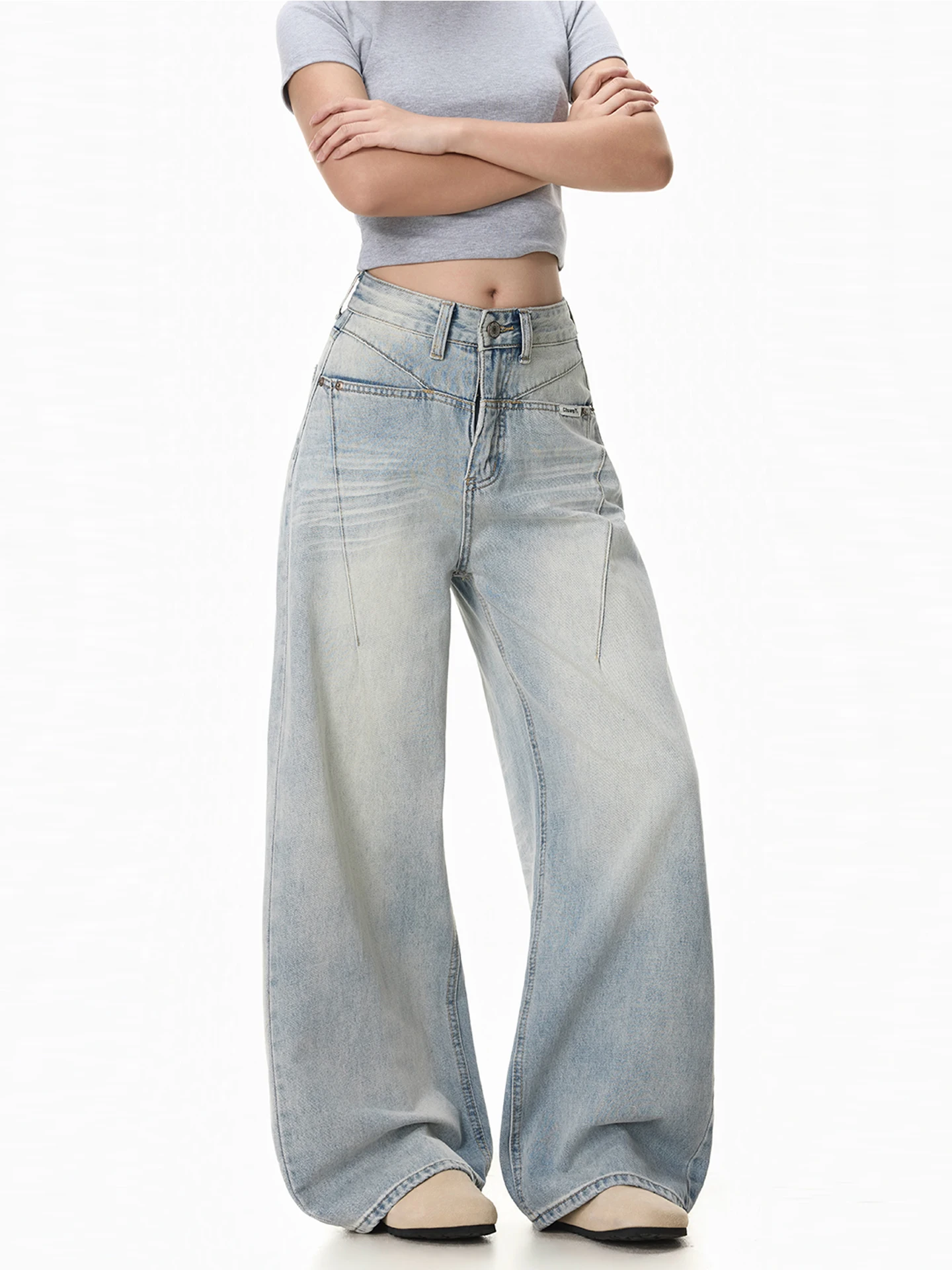 

Freemary New Style Light Blue Faded Wide Leg Pants Women Loose Straight Jeans Retro Vintage Natural Waist Denim Jeans