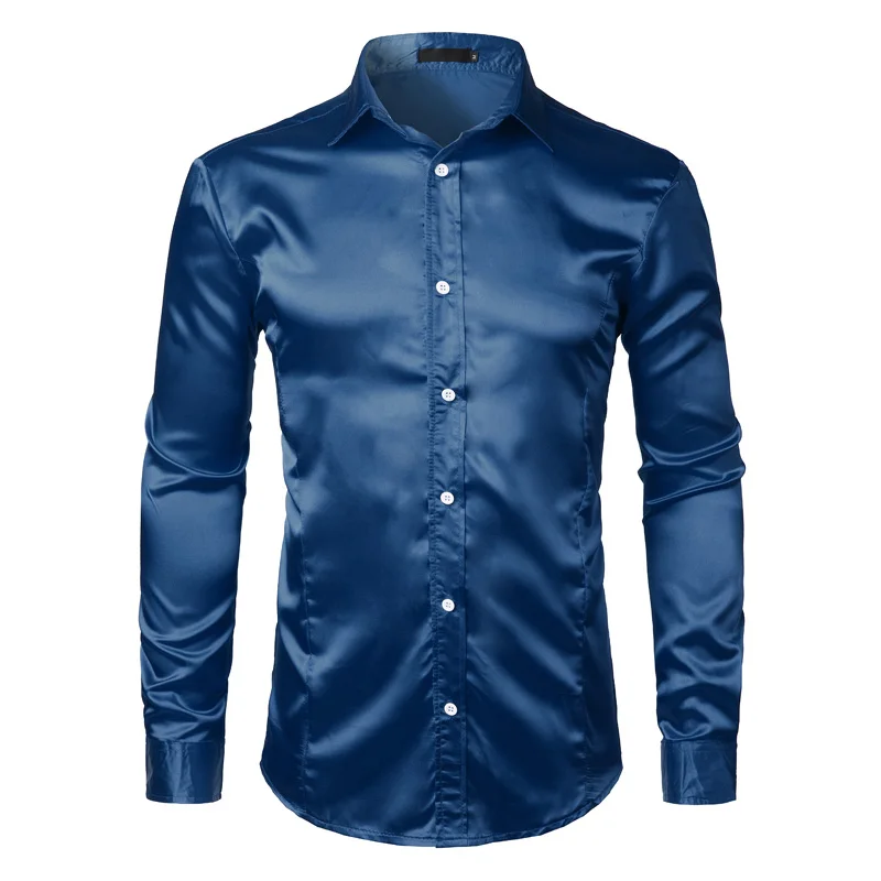 Silk Satin Shirt Men Autumn Long Sleeve Mens Dress Shirts Shiny Smooth Solid Color Camisa Masculina Slim Fit Mariage Chemise XXL