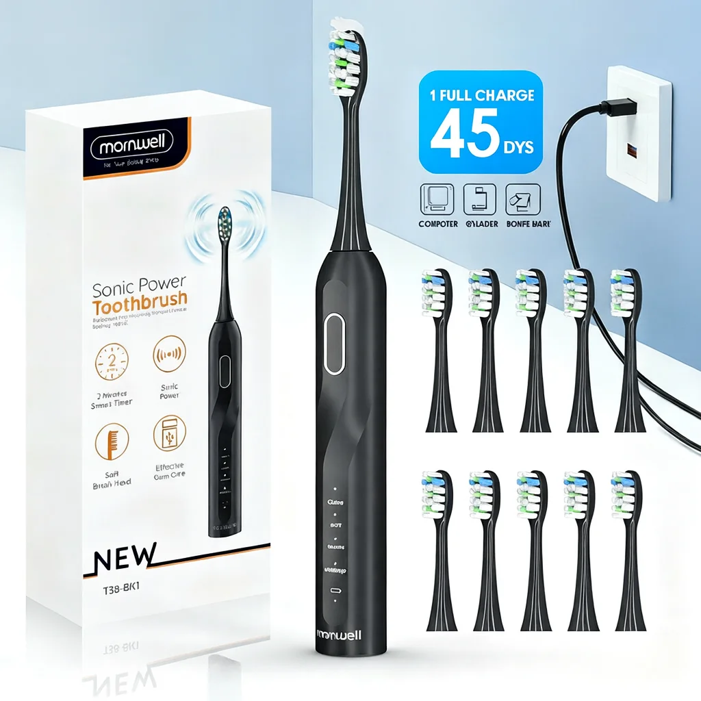 

IPX7 Waterproof Sonicare Electric Toothbrush, 4-Hour Fast Charge with Intelligent Time Reminder, 4 Modes, 8 Brush Heads, Travel
