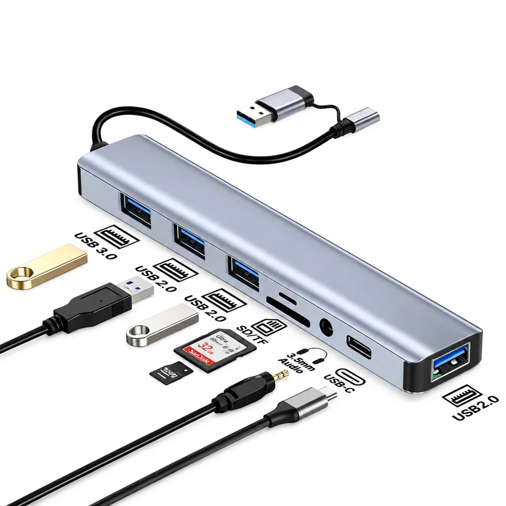 8 In 2 USB Expander Multiport Adapter Type C Splitter Dock USB 3.0 For Phone Tablet  Data Transfer Charging