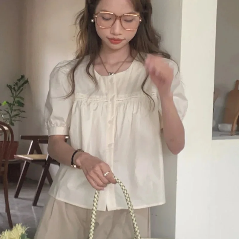 New Cute Chic Doll Design Fold Tops Hot Women Summer 2025 Chic Korea Japan Style Retro Vintage Solid Girls Short Shirt Blouses