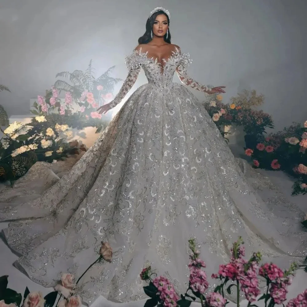 Luxury More Pearls Wedding Dresses Off Shoulder Crystal Bridal Ball Gowns Sequins Custom Made Long Sleeve Robe De Mariee