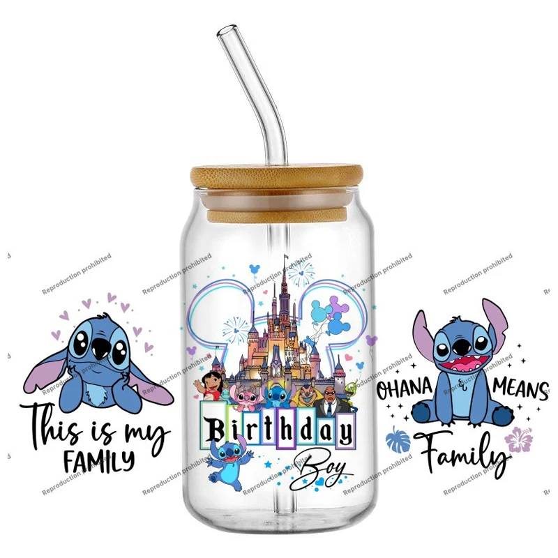 Miniso غرزة الكرتون تصميم عالية الجودة 16 أوقية كوب زجاجي التفاف الأشعة فوق البنفسجية DTF نقل ملصق الشارات شعبية ديكور حديقة المنزل #5