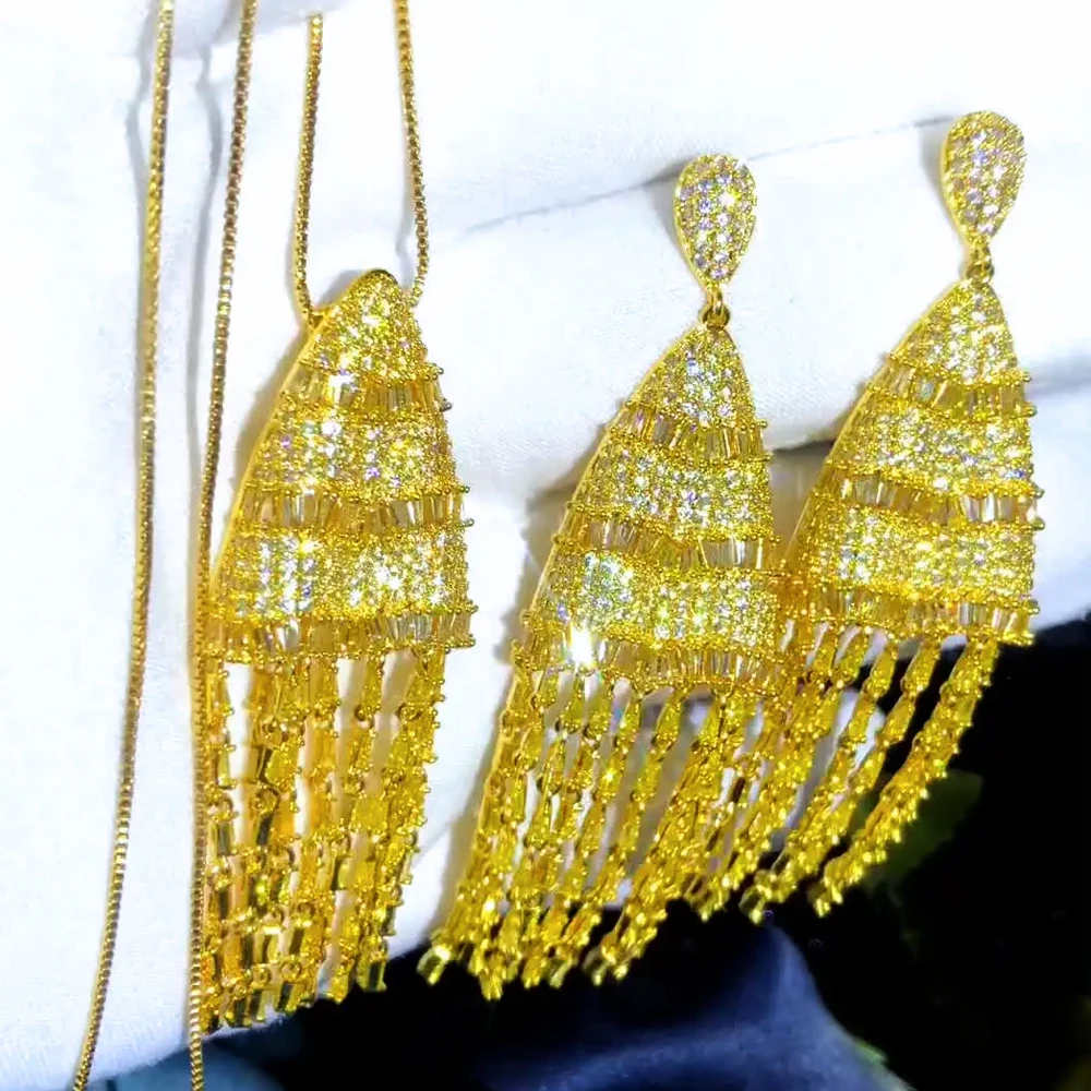 

Missvikki New Luxury Long Tassel Necklace Earrings Jewelry Sets For Women Wedding Party Nigerian African High Quality Fashion