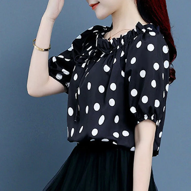 Stylish Loose Shirring Lace Up Bow Polka Dot Blouse Women\'s Clothing 2023 Summer New Casual Pullovers Sweet Puff Sleeve Shirt