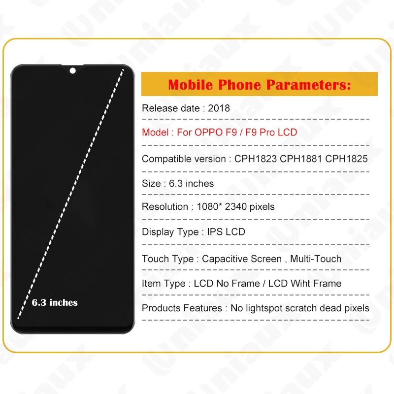 Original Display for OPPO F9, LCD Screen, Touch Digitizer with Frame, F9 Pro, CPH1823, CPH1881, CPH1825, 6.3 in