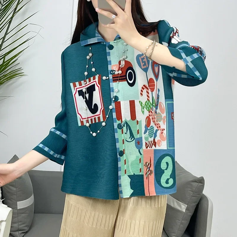 

ALSEY Miyake Pleated 2024 Casual Printed Nine-quarter Sleeve Shirt Tops Women's Loose Fashion High-end Cardigan Women's Clothing