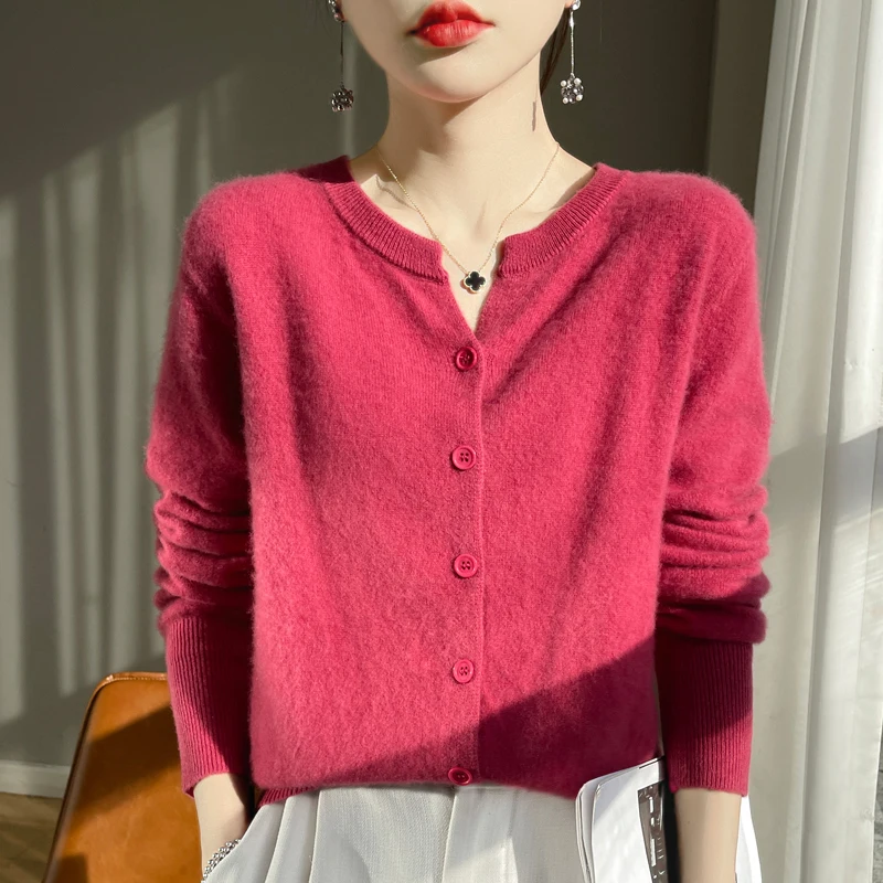 Wool blend knitted cardigan with round V-neck slim fit and solid color jacket button Blouse