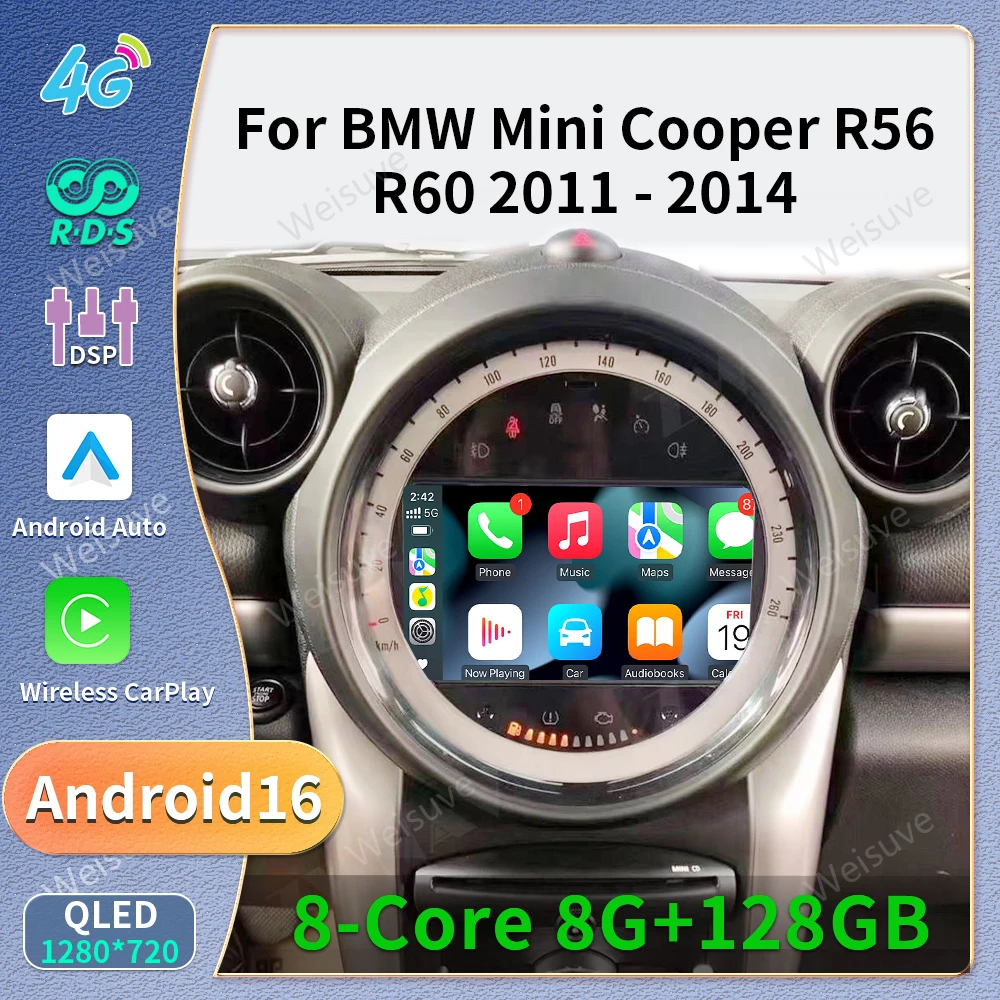Android 16 Carplay Auto 2K Screen Car Radio Multimedia Player For BMW Mini Cooper Countryman R56 R60 2011-2013 Stereo Navigation