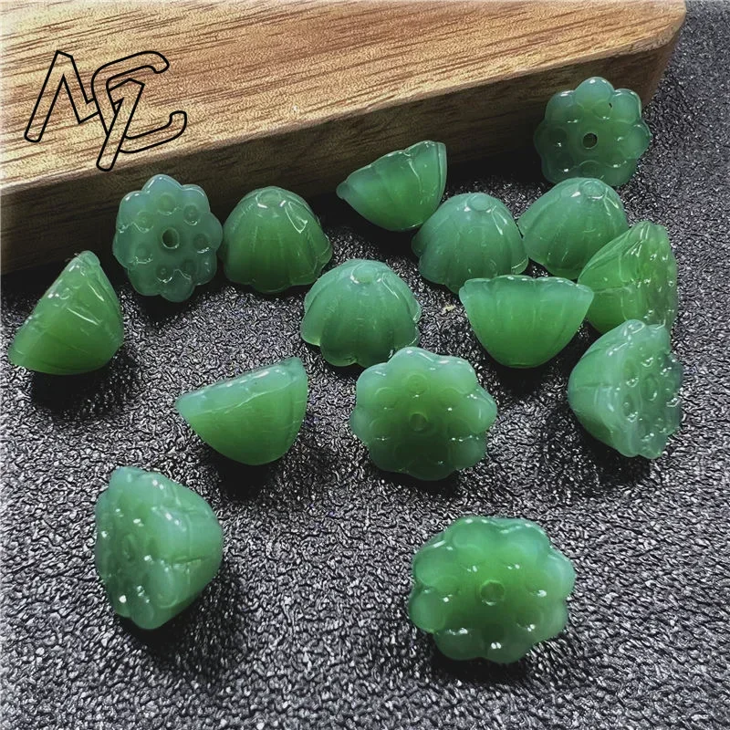 10PC Natural GREEN jade Lotus flower 10mm Bead Accessories DIY Bangle Charm Jewellery Fashion Hand-Carved Luck Amulet
