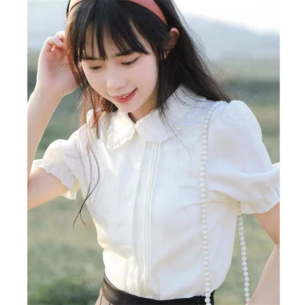 

White Shirt Women Peter Pan Collar Short Puff Sleeve Simple Basic Korean Style Students Cute Summer Sweet Blouses All-match Tops