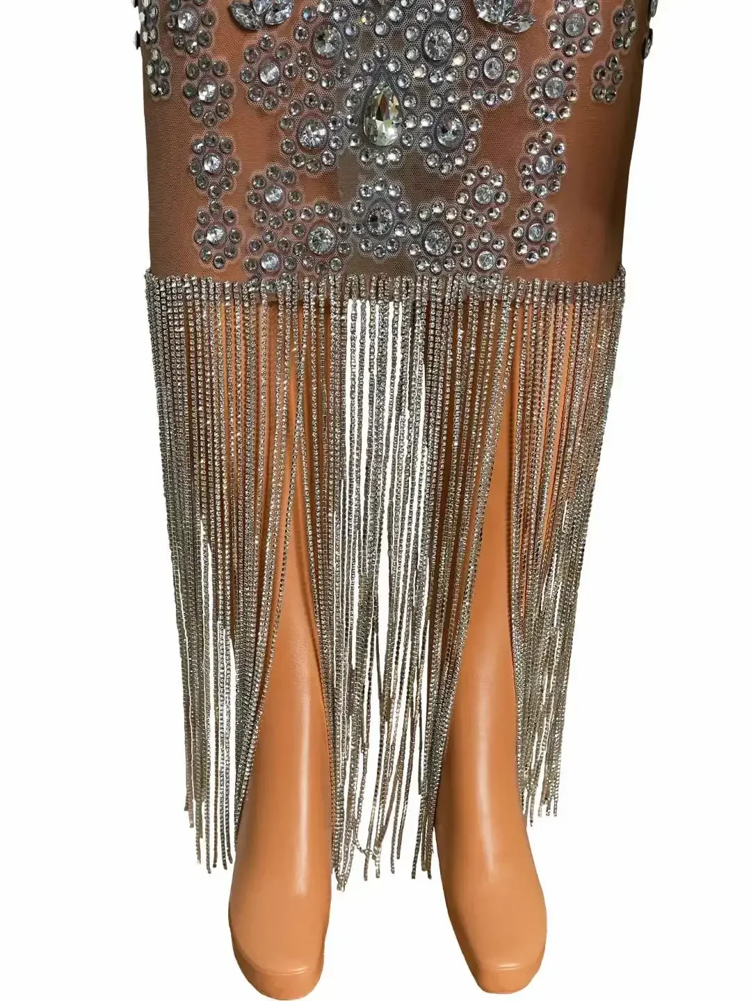 Vrouwen Strass Verjaardag Fringe Prachtige Jurk Mouwloze Elegante Sexy Danser Stadium Slijtage Gogo See Through Drag Queen Outfit