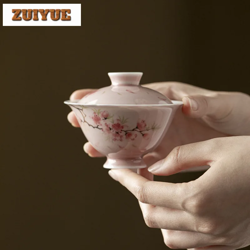 110ml Hand-painted Peach Blossom Gaiwan Aesthetic Tea Tureen Tea Bowl With Lid Kit Tea Maker Cover Bowl Teaware Supplies Gift