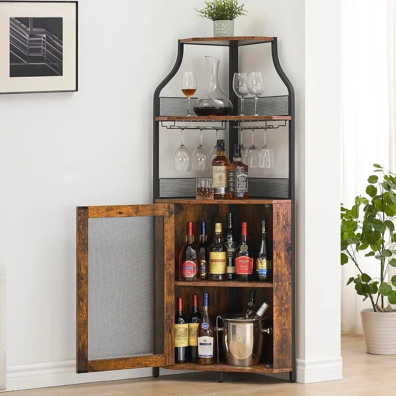 Corner Wine Cabinet with Detachable Wine Rack,Corner Bar Cabinet with Barn Door and Glass Holder, Buffet Cabinet and Home Bar