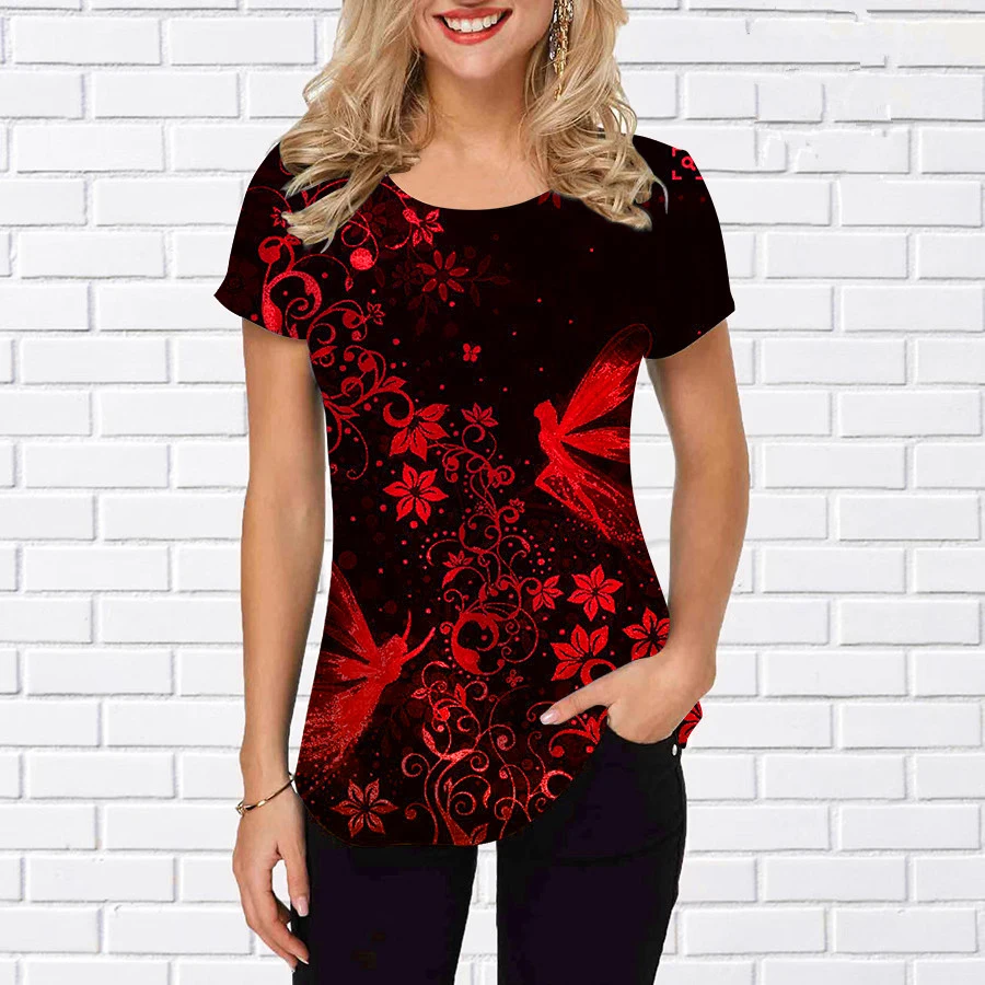 

Женские модные футболки с цветочным принтом и узором бабочки, уличная женская футболка в стиле хип-хоп с коротким рукавом и 3d принтом 6XL, повседневные топы больших размеров