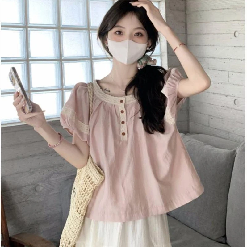 

Summer New Pink Lace Spliced Round Neck Bubble Sleeve Women's Shirt French Sweet Short Doll Neck Shirt Suitable for Short Women