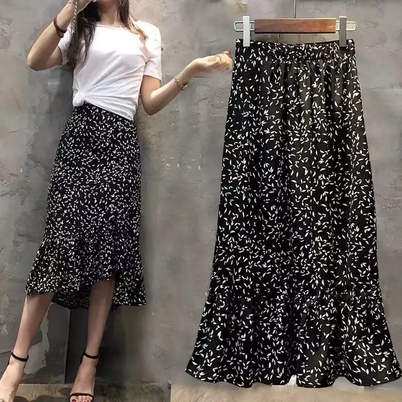 

Шикарная корейская юбка-миди А-силуэта с асимметричным цветочным принтом и высокой талией для женщин 20-х лет