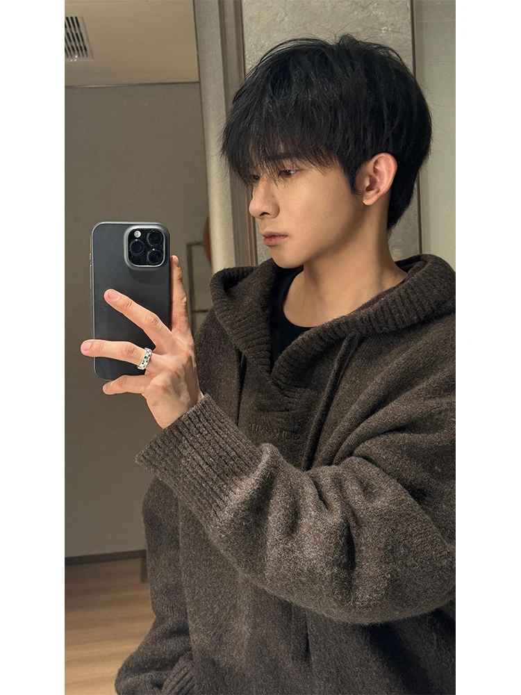 

Мужское трикотажное пальто с капюшоном V-Ne и глубокими глазами, весеннее ленивое модное вязаное пальто высокого класса в стиле ретро, повседневное свободное покрое