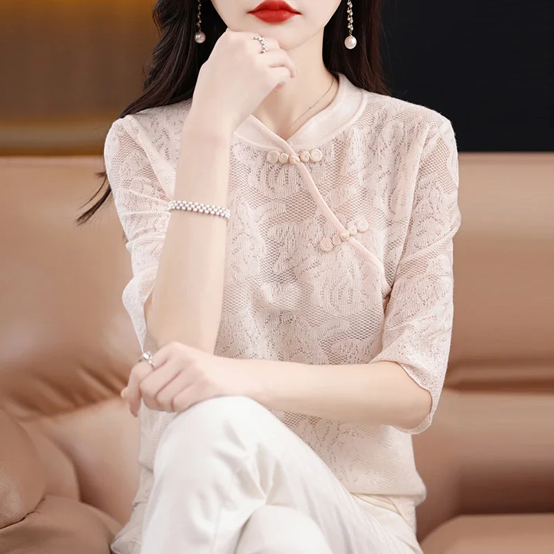 

Women's New Chinese Style Knit Top Cheongsam Collar Frog Button Ice Silk Hollow Out Blouse In Black