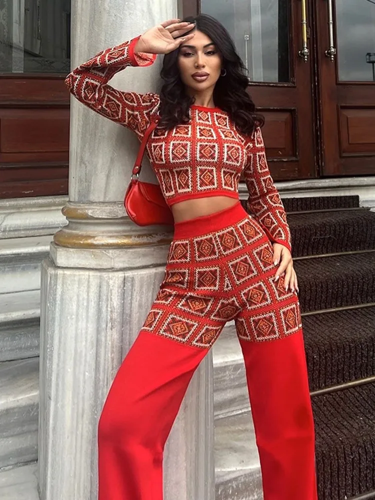 

Fashion Vintage Ethnic Style Lattice Print Two Piece Set Women Long Sleeve Cropped Top High Waist Trousers 2 Piece Sets Female