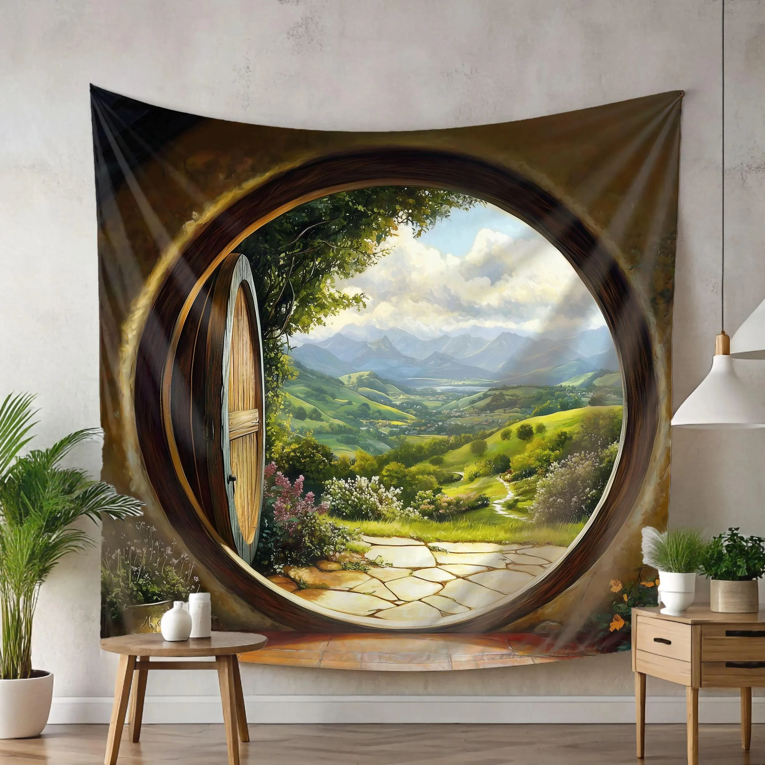 VIKAMA Tapiz Redondo con Diseño de Ventana del Hobbit Shire, Tela Decorativa con Temática del Señor de los Anillos para Habitación