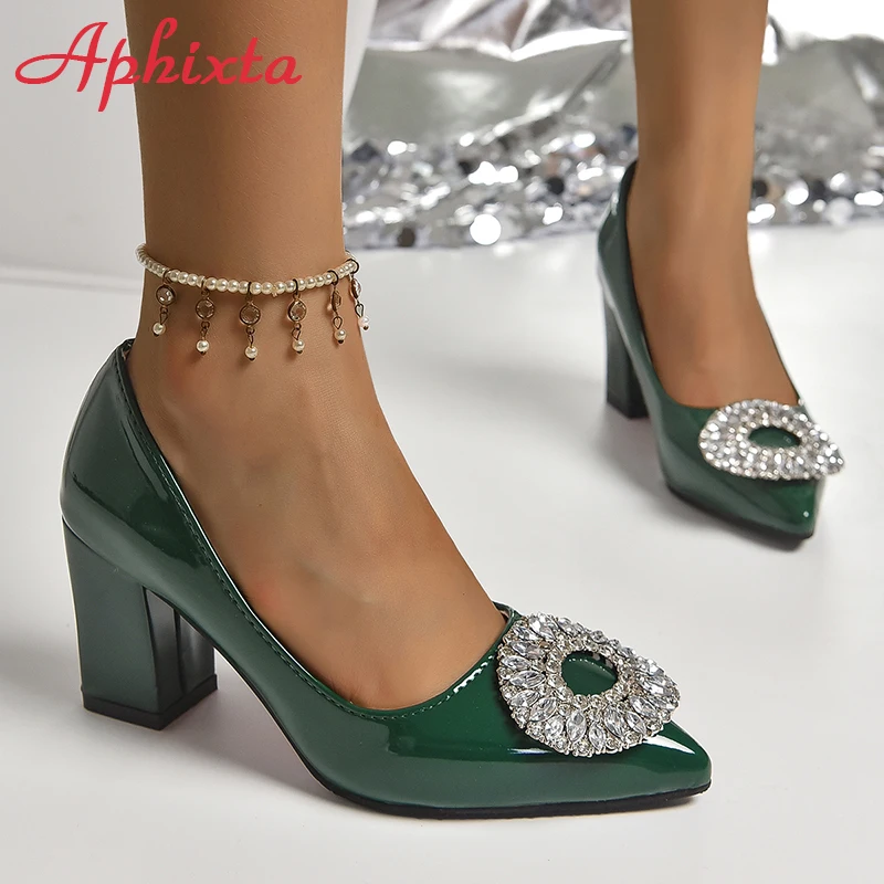 Aphixta 2023 Bling Big Crystals Round Buckle 7cm Chunky Heels Pumps Women Shoes Dark Green Fashion and Leisure Pointed Toe Pumps