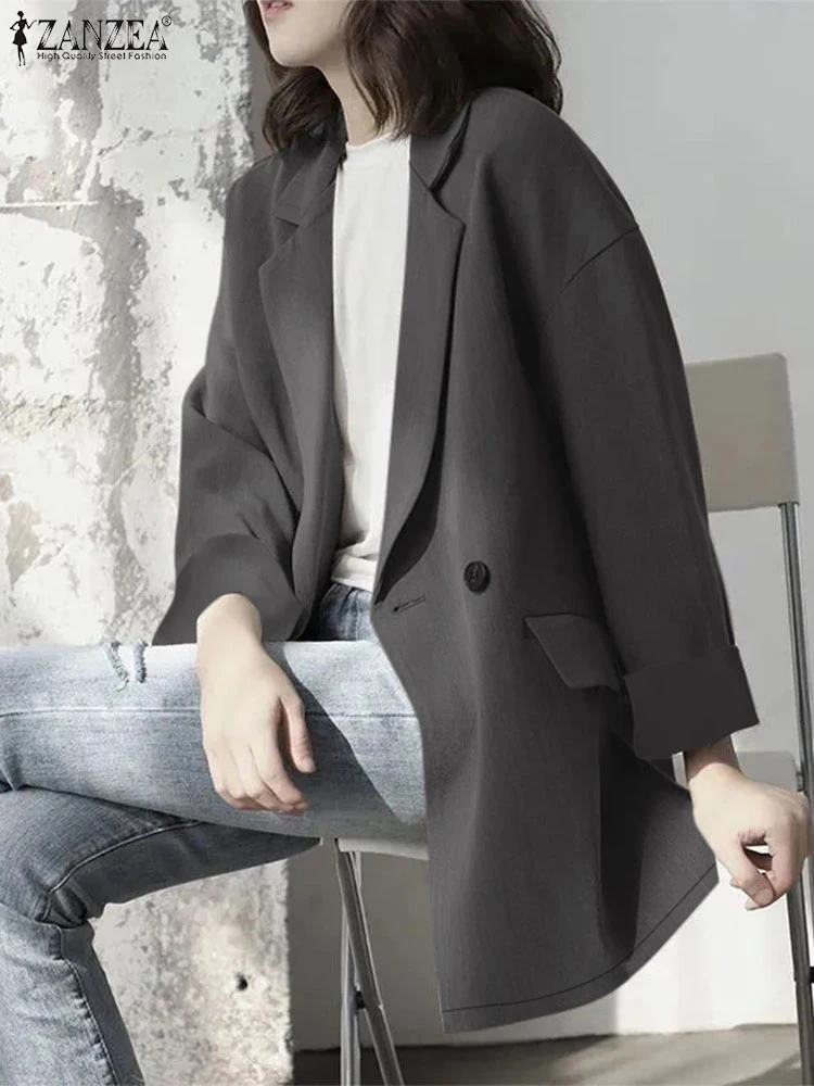 ZANZEA Casual Loose Commute Blazer Women Long Sleeve Korean Fashion Solid Color Suit Jackets Notched Lapel Office Wear Thin Coat