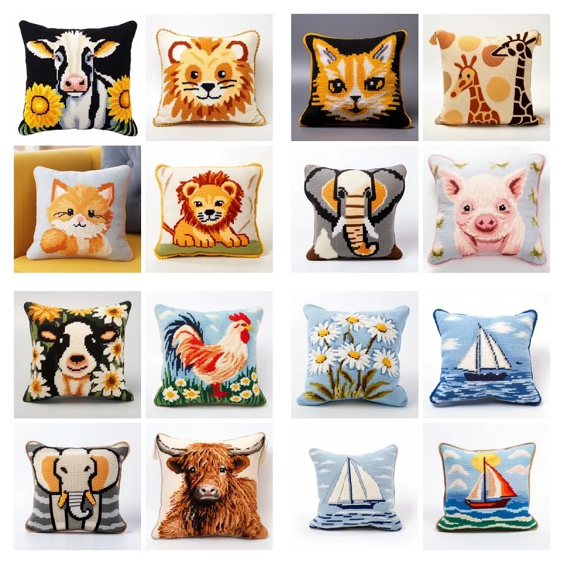 

DIY Latch Hook Rug Kits Pillowcase 3D Segment Embroidery Pillow Canvas Embroidery Cushion Cover DIY Pillows Animal Series