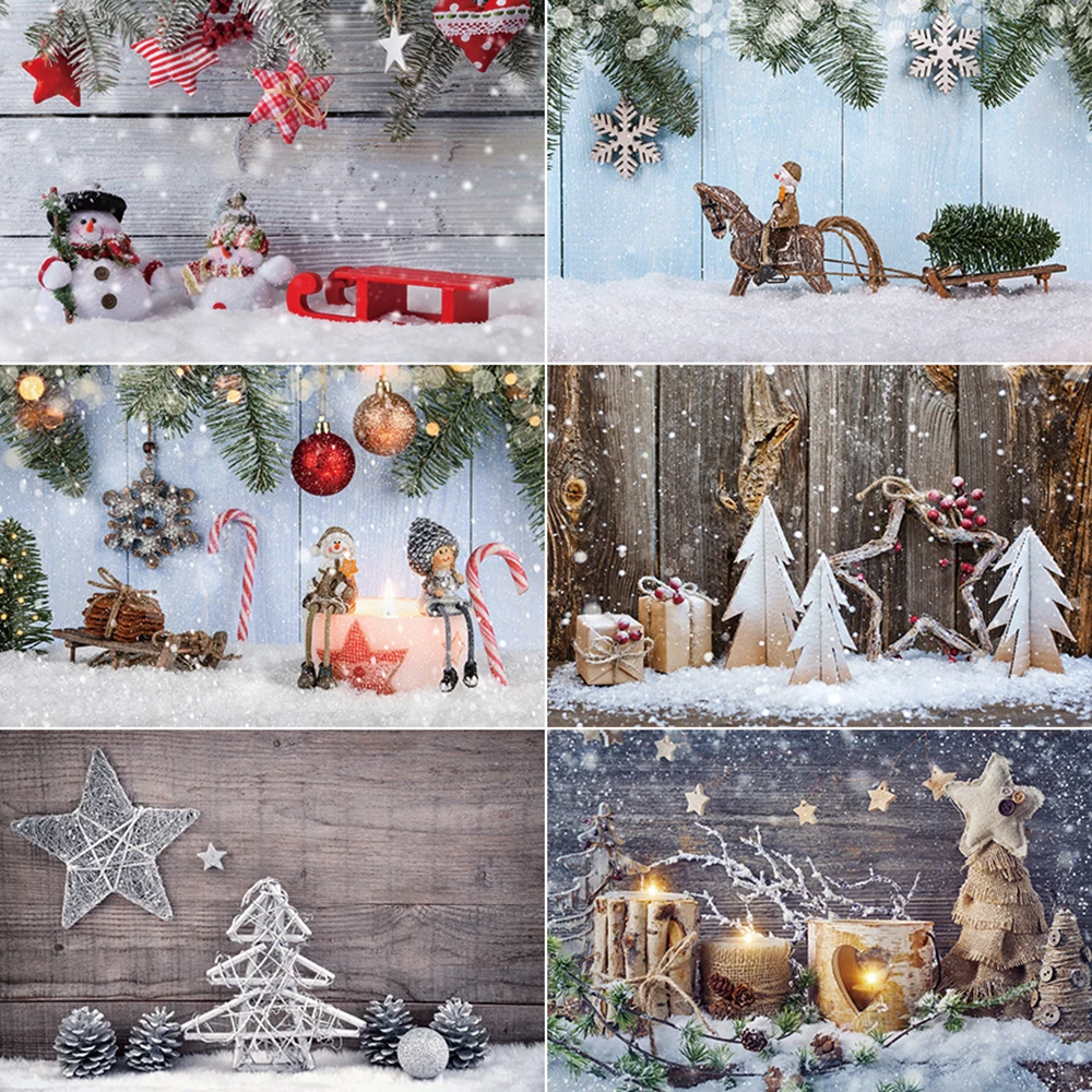 

MOON.QG Snowy Christmas Background Photography Wooden Wall Candle Xmas Trees Photocall Backdrop Children Studio Photocall Props