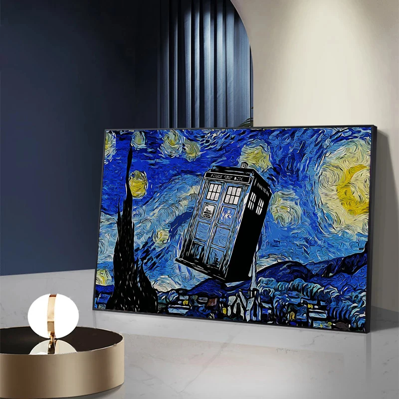Póster de cabina telefónica abstracta de noche estrellada de Van Gogh, pintura famosa sobre lienzo, imagen artística de pared para decoración del hogar y la sala de estar