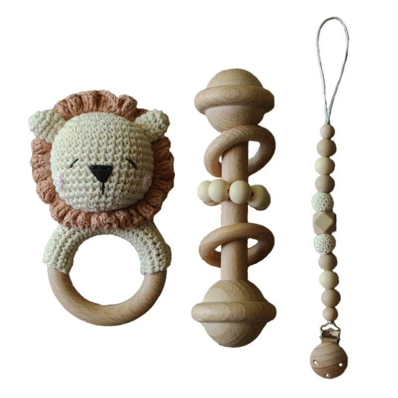 3 Pcs/Set Baby Pacifier Chain Clip Nipple Holder Wooden Bracelet Crochet Lion Music Teething Toy Rattle