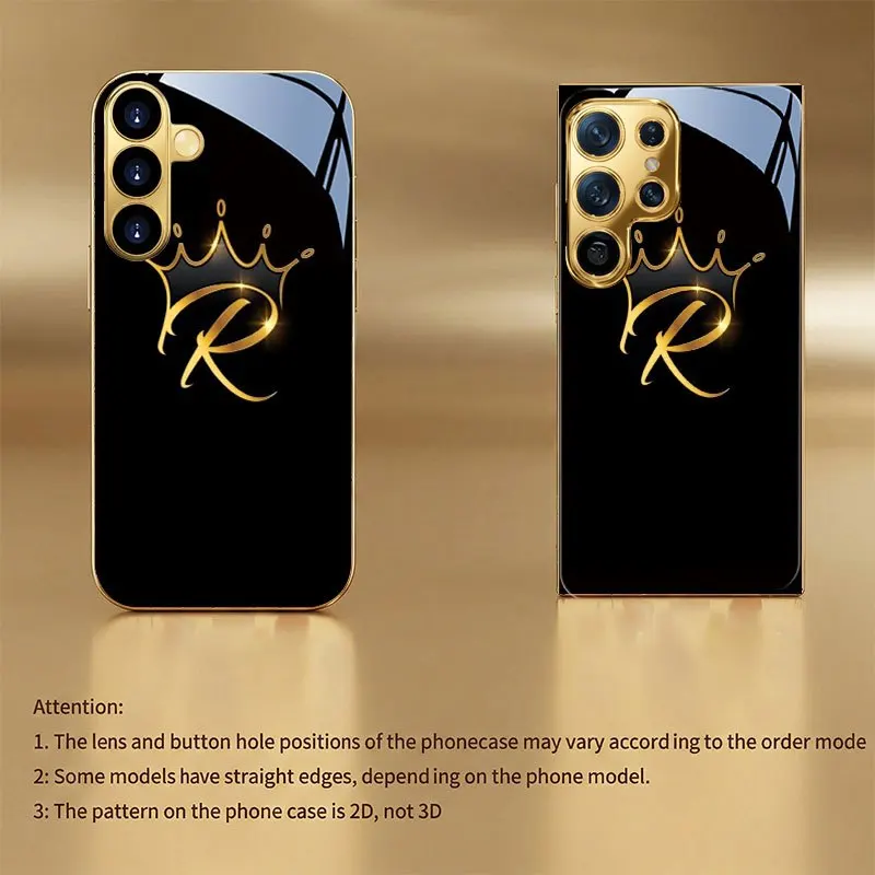 Black electroplated glass phone case with R crown pattern, suitable for Samsung S26/S25, S24/S23/S22/S21/S20, etc. models
